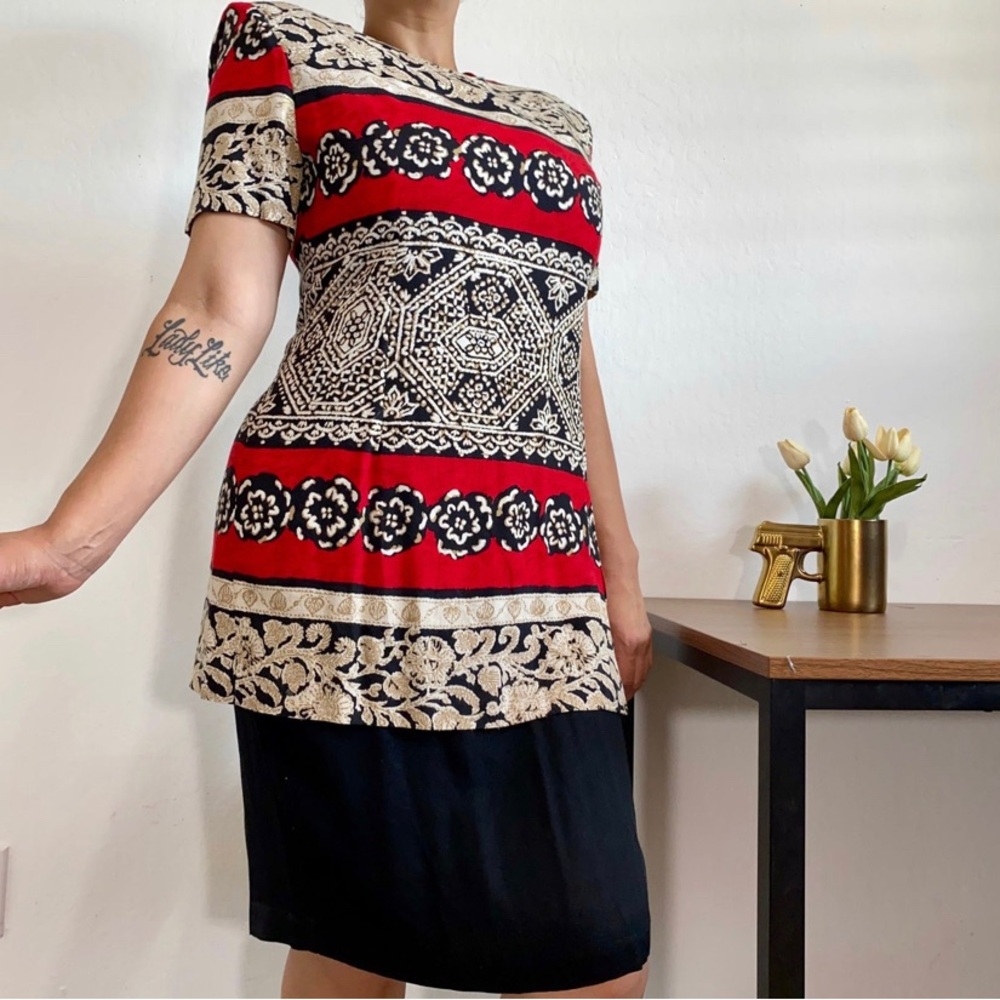 K.C Spencer Women’s 6 Vintage Red Black Floral Mid Length Dress Layered
